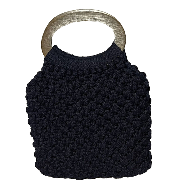 Navy Macrame Purse Vintage Wood Handles 15”x11”x2 Bohemian Hippie 70’s - Picture 1 of 4